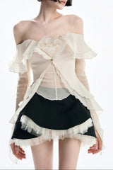 One-Shoulder Top with Backless Ruffled Mesh Skirt Set
