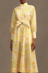 Long Sleeve Floral Printed Maxi Dress in Yellow