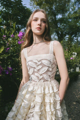 A-line Square Neck Lace Midi Dress in Cream White