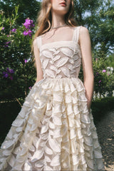 A-line Square Neck Lace Midi Dress in Cream White