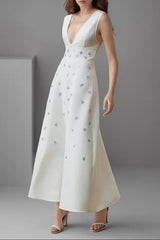 Diamond V-Neck Midi Dress in White