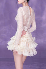 Lace Embroidery Ruched Trim Mini Dress in White