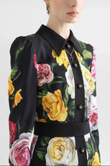Rose Print Shirt Midi Dress in Black