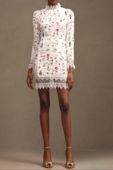 Lace-Trim Long-Sleeve Floral Midi Dress in White