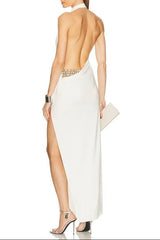 Halter Backless High Diamond Maxi Dress in White