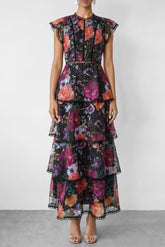 Black Floral Print Ruffle Maxi Dress