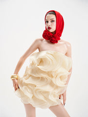 Multi-Layered 3D Mini Dress in Beige