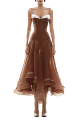 Rust Asymmetrical Midi Dress in Brown