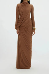 High Neck Drape Ruched Maxi Dress in Brown