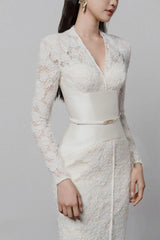 White V-Neck Lace Patchwork Midi Dress