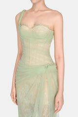 One-Shoulder Lace Maxi Dress in Mint