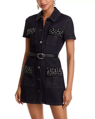 Denim Crystal Trim Mini Dress in Black