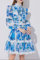 Lace-Paneled Printed Lantern Sleeves Mini Dress in Blue