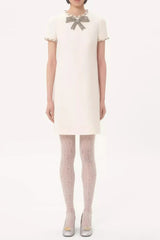 Rhinestone Embroidered Crepe Mini Dress in Ivory