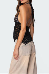 Backless Sheer Lace Halter Top in Black