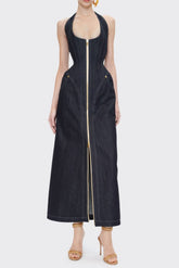 Haltered Corseted Midi Dress Denim in Navy Blue