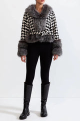 Houndstooth Wool Coat with Fur
