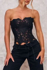 Black Textured Sheer Floral Lace Corset