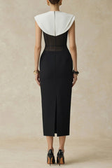 Black Sleeveless Midi Dress With White Cape