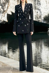 Black Straight Floor Length Pants rhinestone blazer set