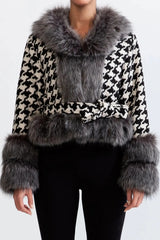 Houndstooth Wool Coat with Fur