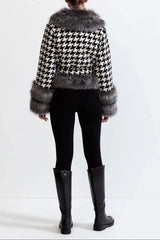 Houndstooth Wool Coat with Fur