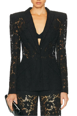 V-Neck Lace Blazer Set in Black