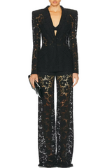 V-Neck Lace Blazer Set in Black