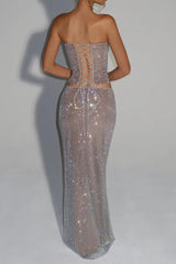 Sequin Top Maxi Skirt Suit in Silver