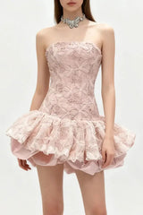 Embroidered Lace Ruffle Mini Dress in Pink
