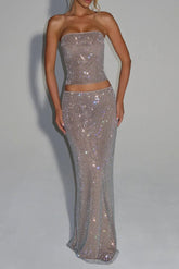 Sequin Top Maxi Skirt Suit in Silver