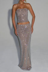 Sequin Top Maxi Skirt Suit in Silver