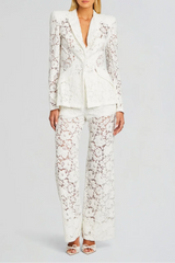 V-Neck Lace Blazer Set in White