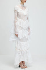 Sheer Lace Sleeve Maxi Dress in White