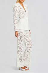 V-Neck Lace Blazer Set in White