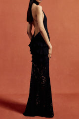 Cotton Lace Hollow Maxi Dress in Black