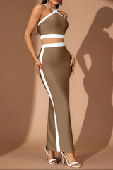 Cora White Patchwork Maxi Bandage Set - Brown