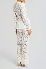 V-Neck Lace Blazer Set in White