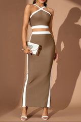 Cora White Patchwork Maxi Bandage Set - Brown