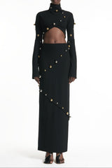 Button-Embellished Cotton-Jersey Top Maxi Skirt Suit in Black
