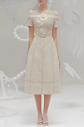 3D Floral Embroidered Hollow Midi Dress in Apricot