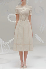 3D Floral Embroidered Hollow Midi Dress in Apricot