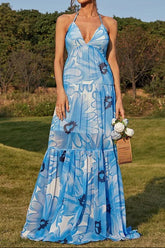 Blue & White Floral Print Halter Neck Maxi Dress
