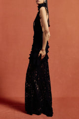 Cotton Lace Hollow Maxi Dress in Black