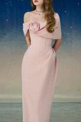 Sheath Shoulder Taffeta Ankle Maxi Dress in Pink