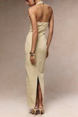 Almond Woven Halter Button Maxi Dress