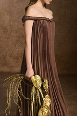 A-line Off-Shoulder Silk Organza Maxi Dress in Brown