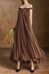 A-line Off-Shoulder Silk Organza Maxi Dress in Brown