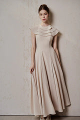 A-line Jewel Neck ViscoSequin Ankle Maxi Dress in Beige