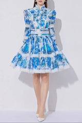 Lace-Paneled Printed Lantern Sleeves Mini Dress in Blue